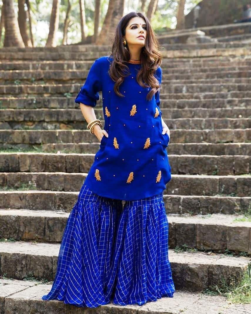 Navy Stylish Designer Pure Cotton Kurti With Sharara SHRE030 –  ShreeFashionWear