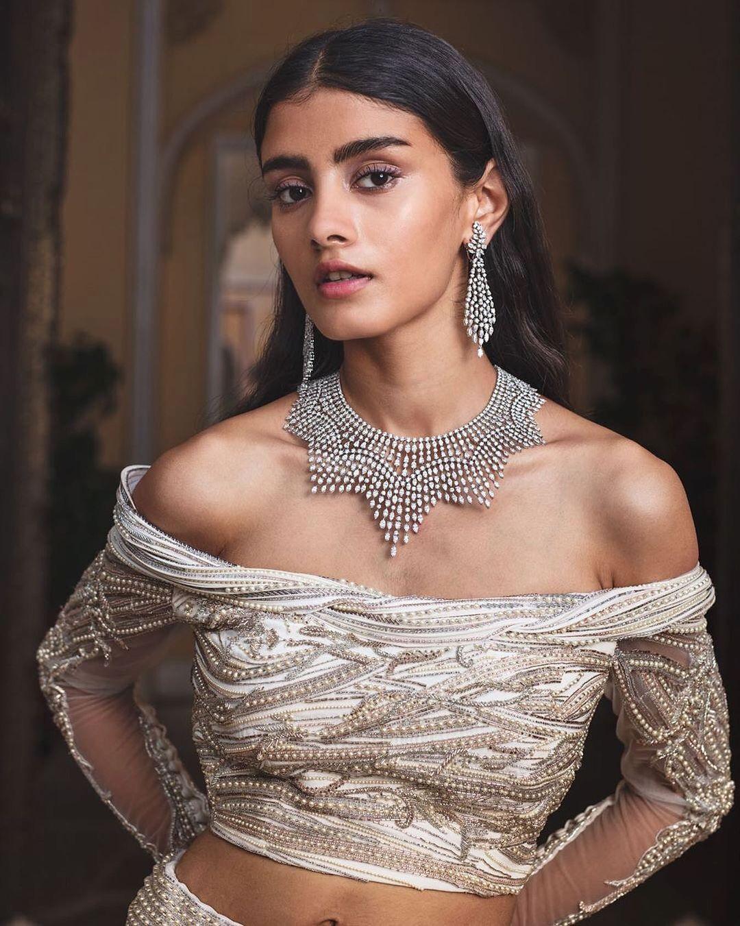 Seema Gujral on Instagram: “We captured the romance of the silver summer  moon in this lehenga adorned with star-like … | Lehenga jewellery, Shimmer  lehenga, Lehenga