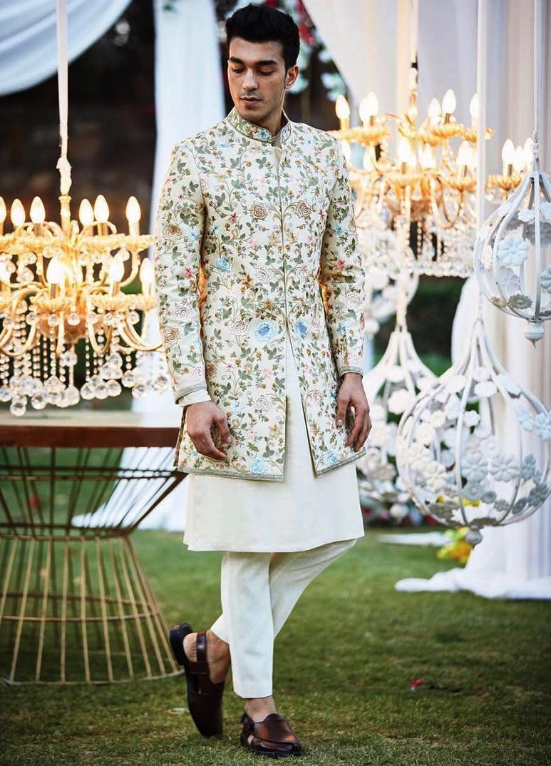 Mens Cream Color Silk Kurta Pajama With Brocade Nehru Jacket –  ShopBollyWear.Com