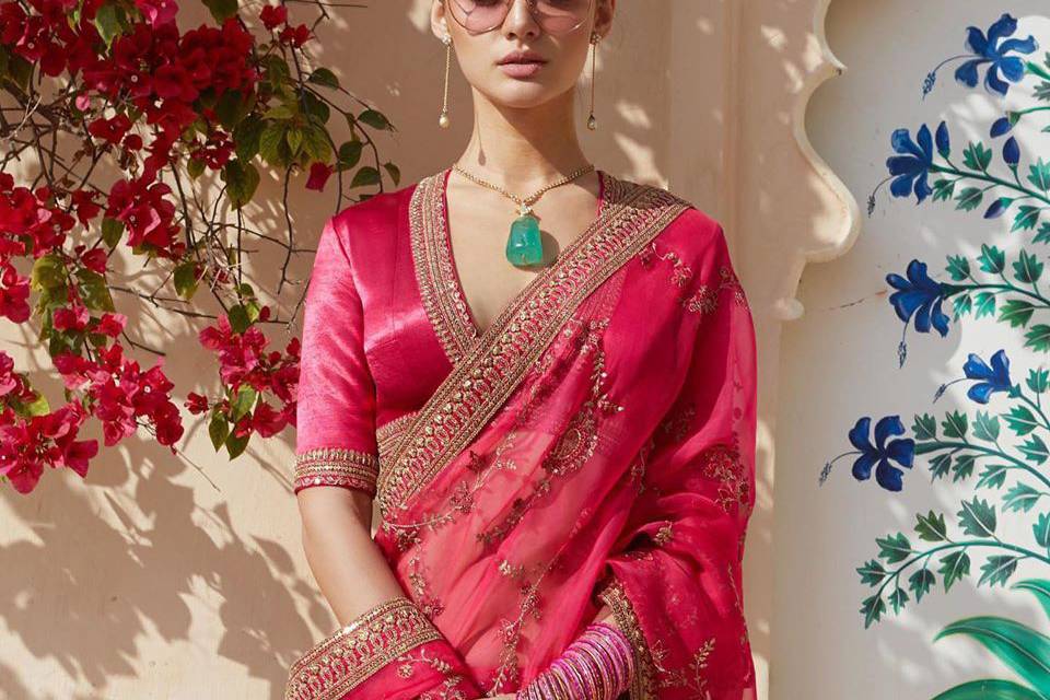 Saree Material: Georgette | Blouse Material: Banglory Silk. Saree Color:  Onion | Blouse Color: Onion. Saree