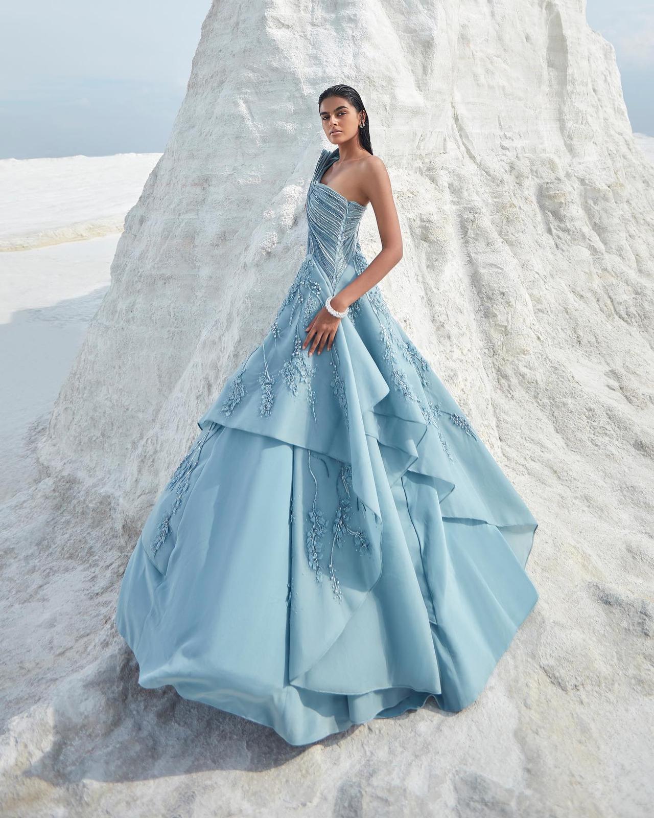 Jewel Neck Ombre Blue Ball Gown Evening Prom Dresses, Evening Party Pr –  SposaDresses