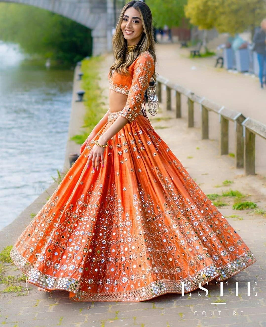 Flared Net Brick Red Lehenga with Mirror Work LLCV115983