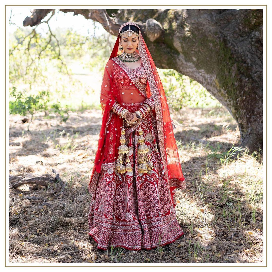 Deep Red Sequins Embroidery Raw Silk Bridal Lehenga – paanericlothing