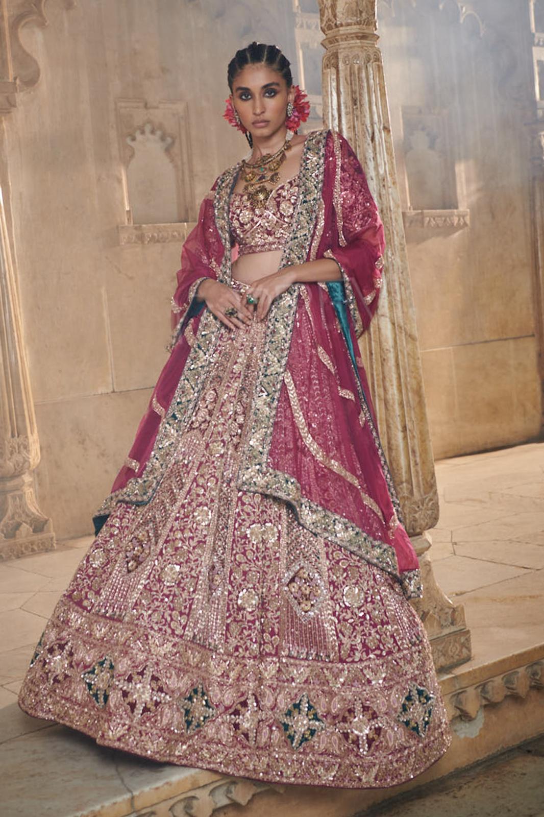 Shop Pink Velvet Embroidered Resham Umbrella Lehenga Wedding Wear Online at  Best Price | Cbazaar