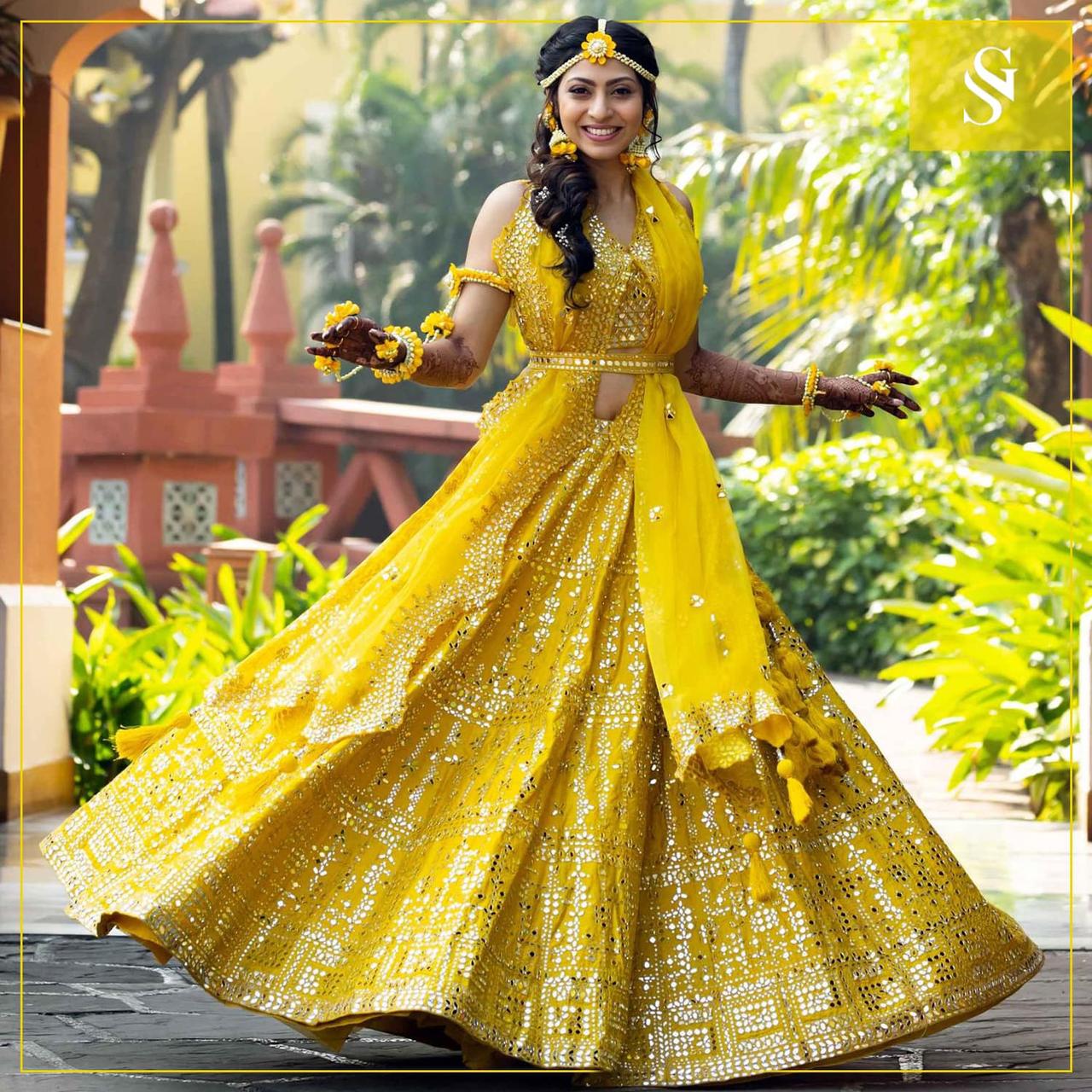 Ecru and Golden Yellow Mirrorwork Lehenga Set – 29india