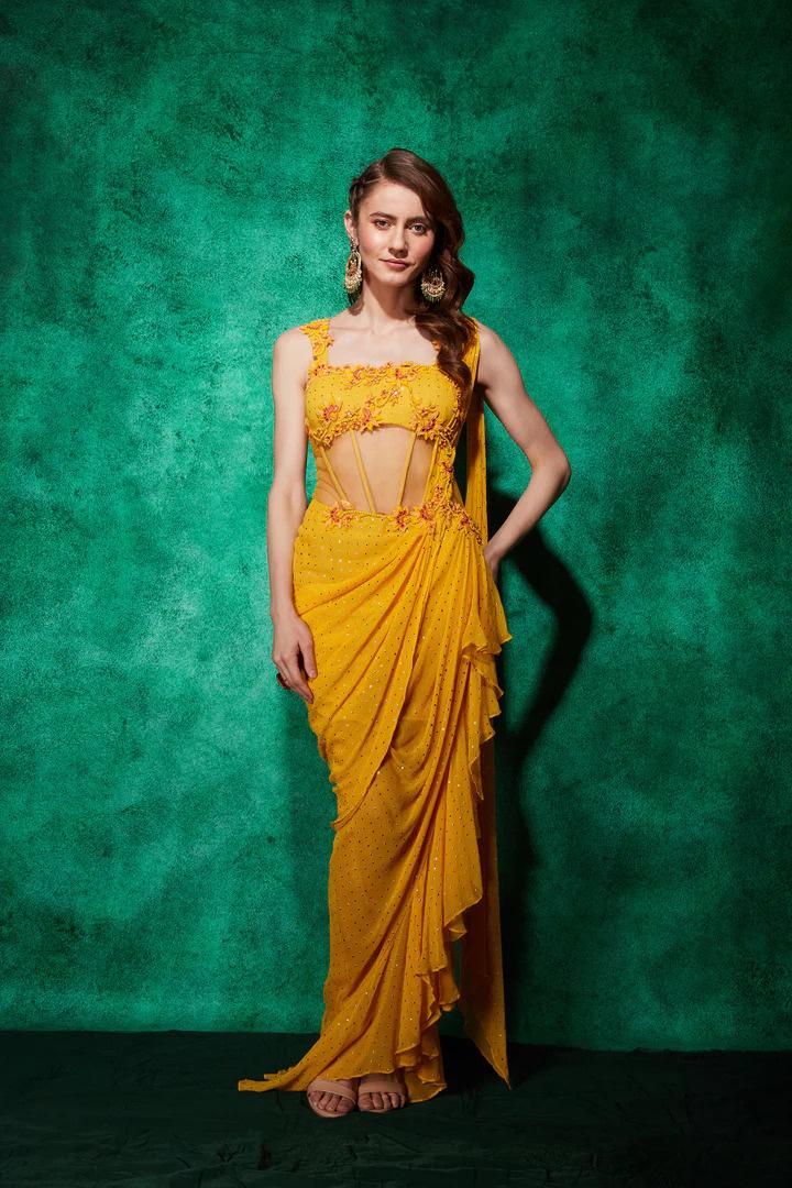 Buy Sai Creation Embroidered Bollywood Georgette Yellow Sarees Online @  Best Price In India | Flipkart.com