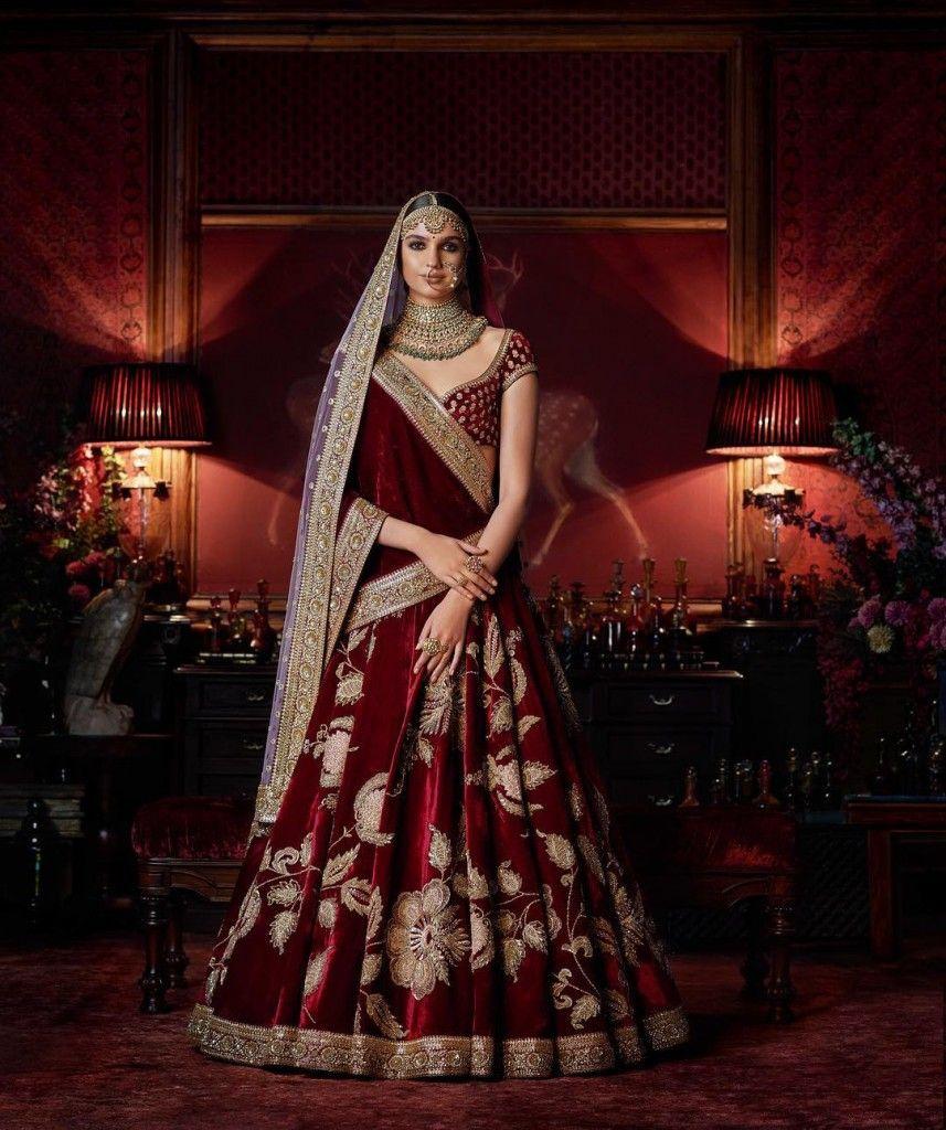 Sabyasachi - Bordeaux velvet lehengas with intricate zardosi have become a  house classic. Girls from the world over come to us for our now iconic velvet  lehengas to add a touch of