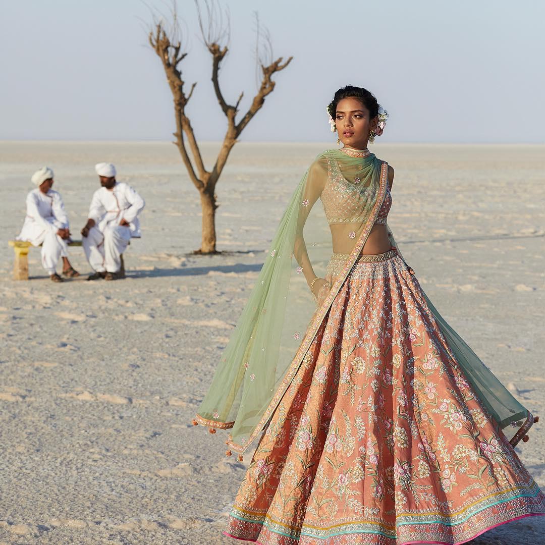 3309 umbrella cut lehenga anita dongre peach and sage