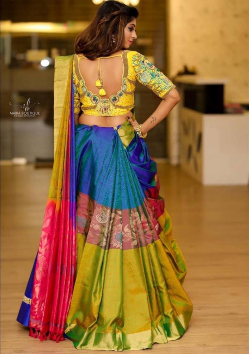 Customized Saree on a can can skirt worn along with kasuembellisedblouse  sajnabridalwe  Wedding saree blouse designs Lehenga saree design  Half saree designs
