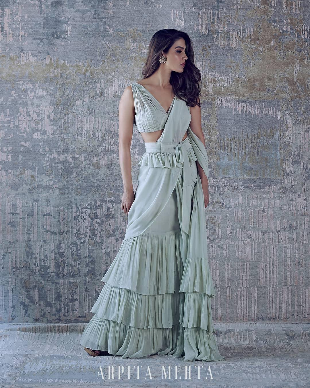 Bottle Green Georgette Cutdana Embroidered Draped Gown Saree Design by  Baidehi at Pernia's Pop Up Shop 2024