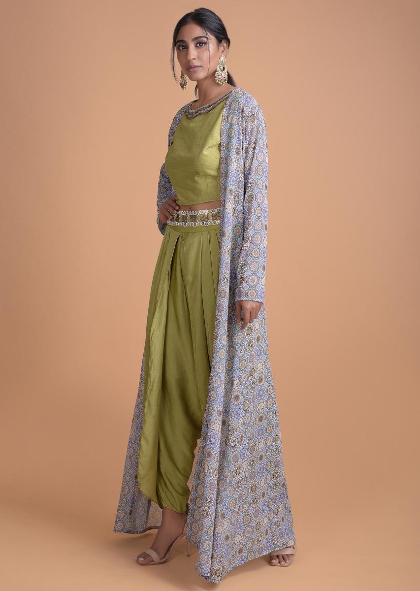 Buy 3 Piece Sea Cami & Dhoti Pant Set with Chanderi Printed Jacket by GRASS  & SUNSHINE at Ogaan Market Online Shopping Site