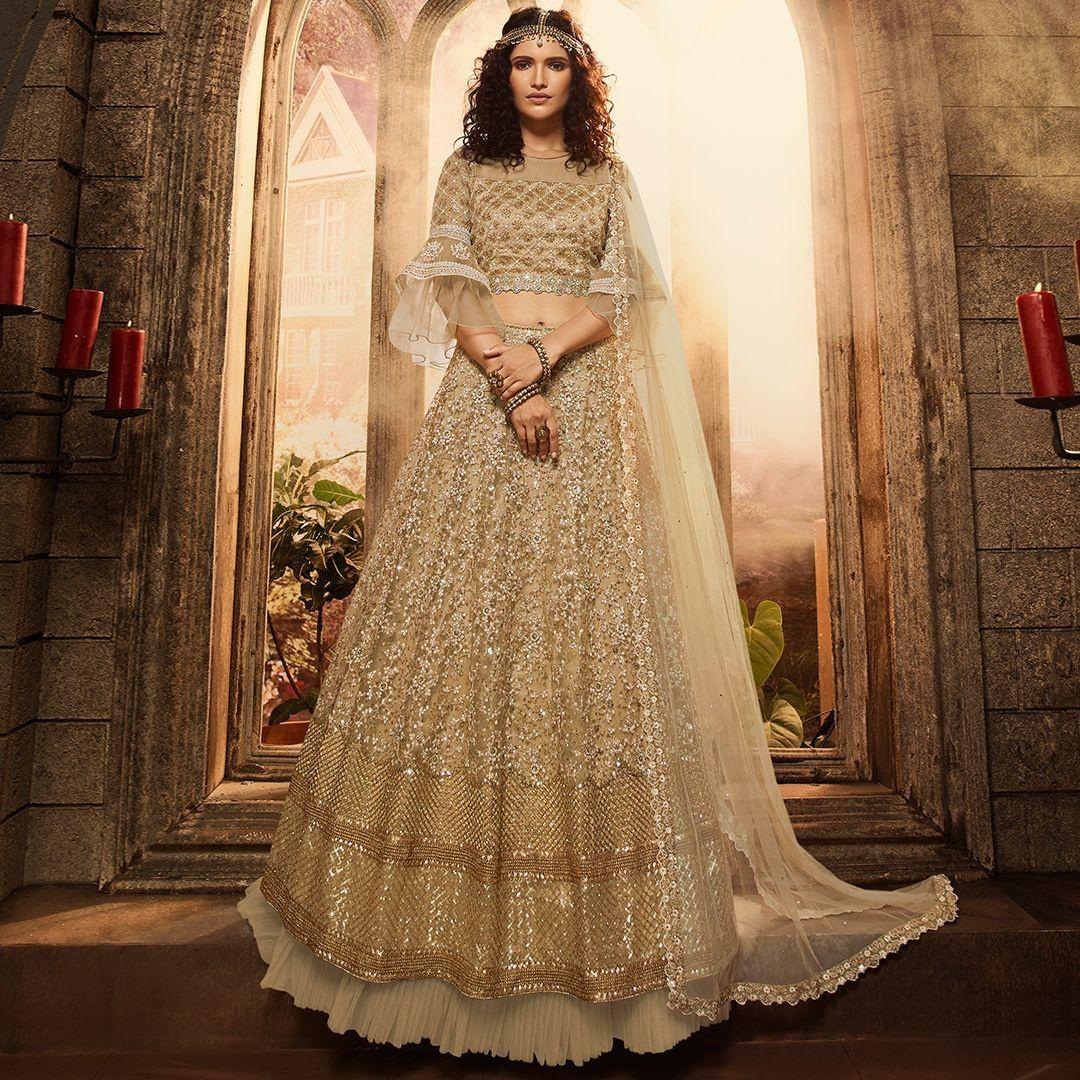 Buy Gold Organza Embroidered Floral V Neck Sequin Lehenga And Blouse Set  For Women by MOHA Atelier Online at Aza Fashions.