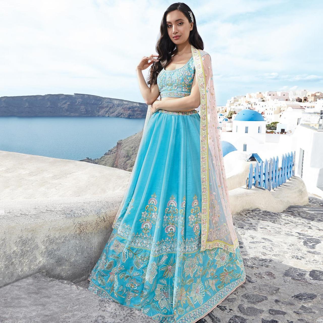 Buy Zeel Clothing Women's Sky Blue Floral Printed Organza Semi-Stitched Lehenga  Choli with Dupatta (7027-SkyBlue-Wedding-Bridal-Lehenga-New,Free Size) at  Amazon.in