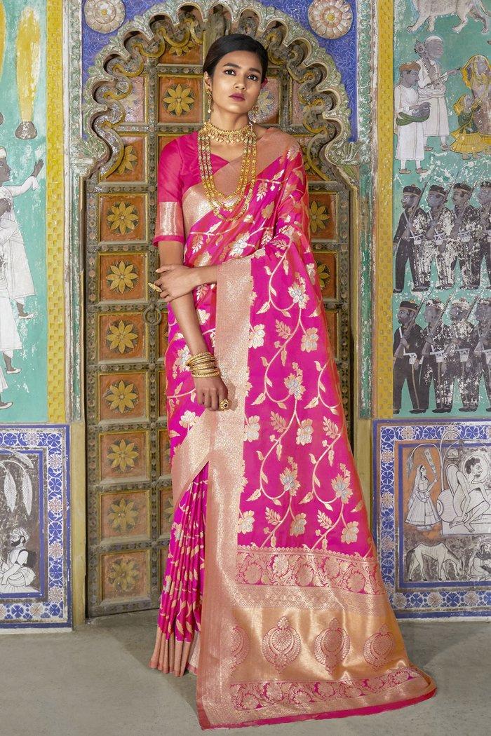 Buy Pink Lichi Silk Banarasi Saree With Blouse