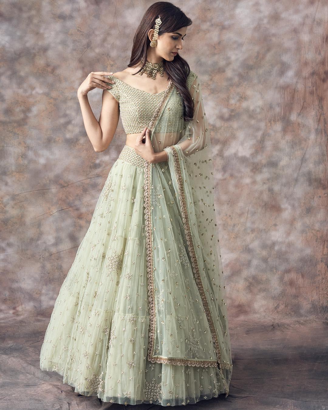 Pista-Green Pure Organza Embellished Designer Lehenga Choli with