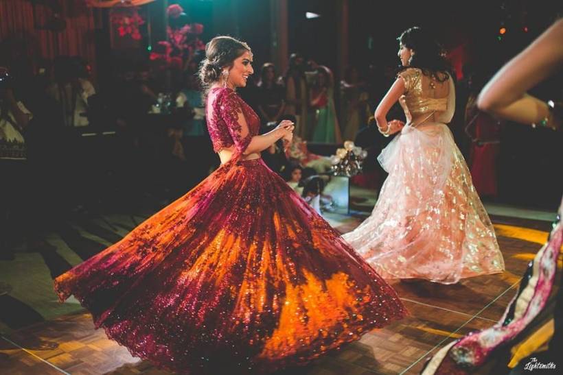 Bright Red Lehenga Set with One-Shoulder Blouse and Ruffled Dupatta -  Seasons India