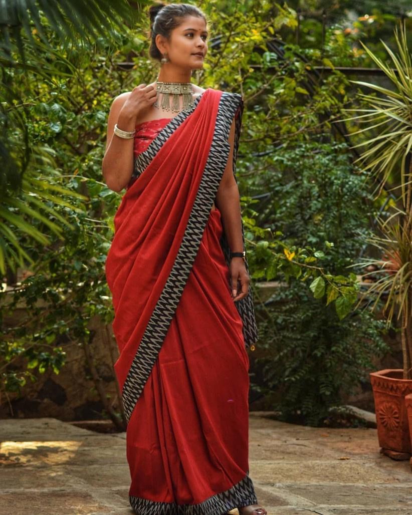 Classy brick red chiffon silk saree - TRENDOYE - 4205762