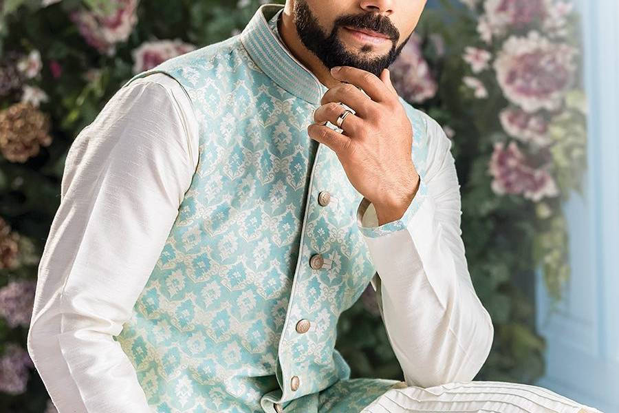 Buy Brick Red Imperial Patterned Jacket Online in the USA @Manyavar - Nehru  Jacket for Men