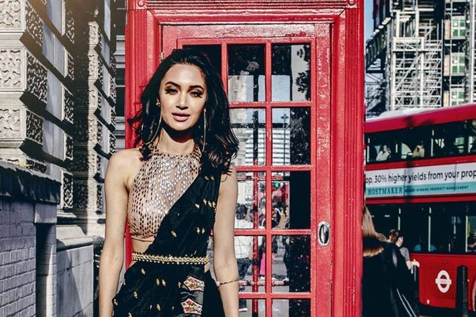 Red Beaded Jacket With Drape Saree + Belt