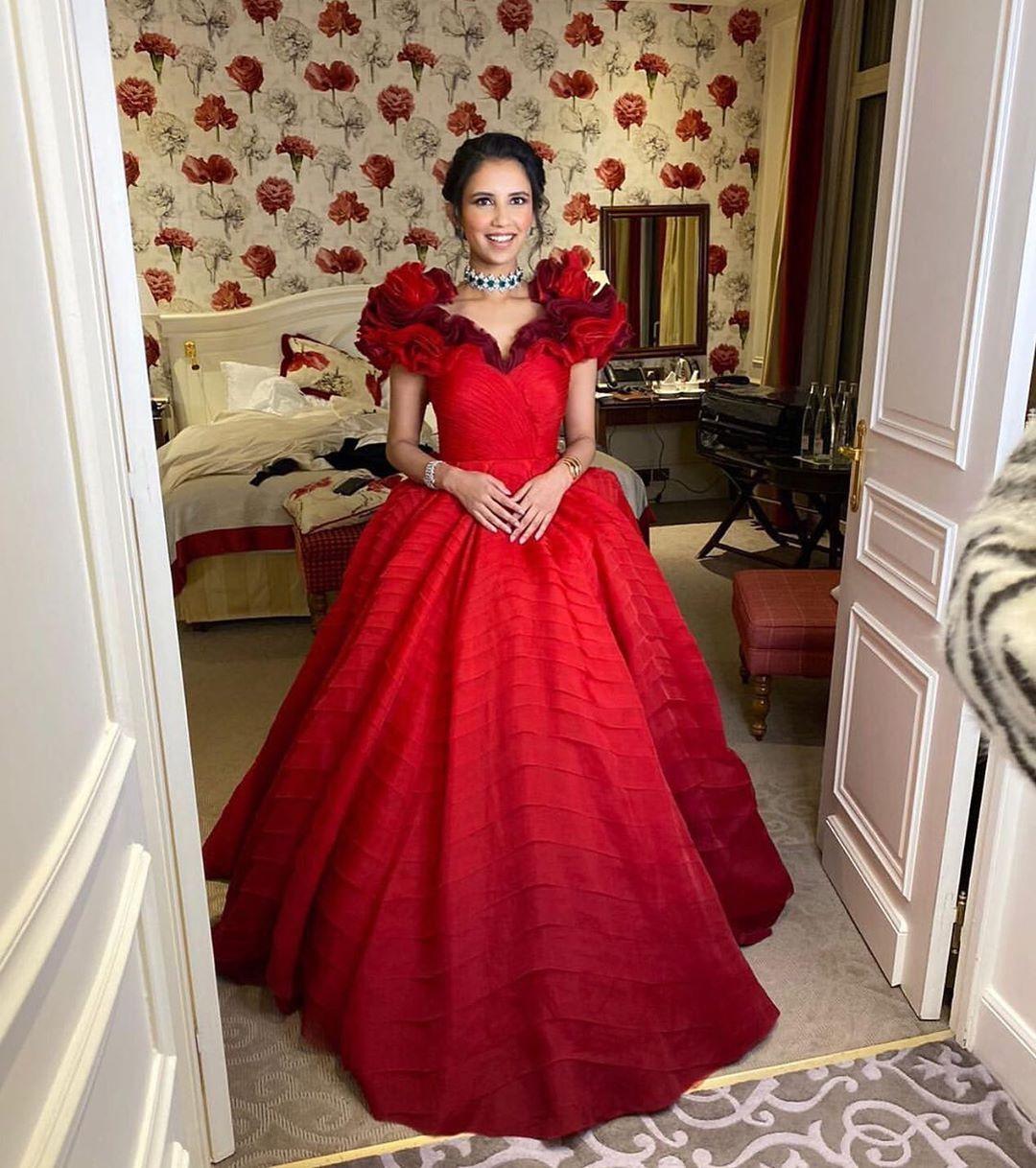 Red Floral Illusion Long Sleeve Taffeta Ball Gown - Promfy