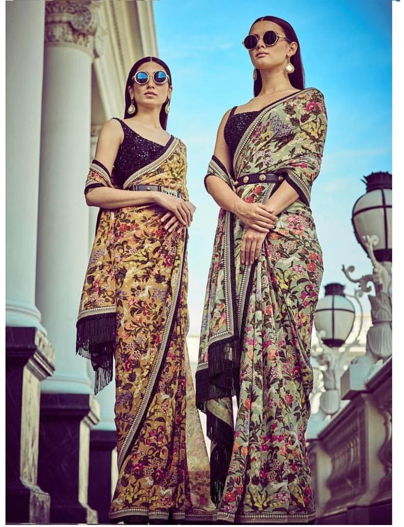 Black Floral Ready To Wear Saree With Sabyasachi Belt | Koselly
