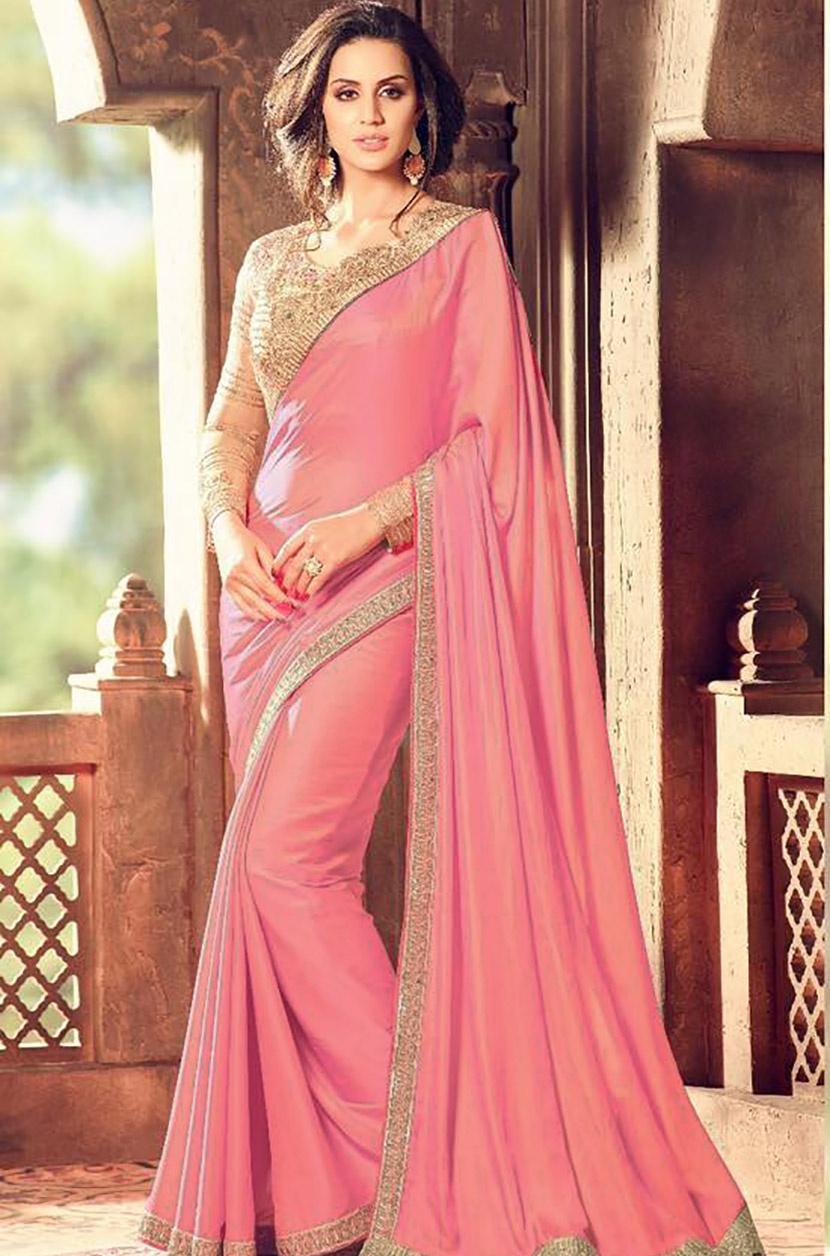 Plain Pink Saree With Golden Blouse | atelier-yuwa.ciao.jp