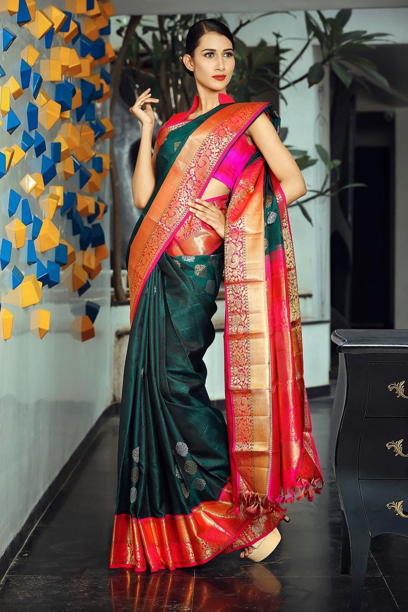 Orange- Pink Pure Katan Silk Banarasi Handloom Saree