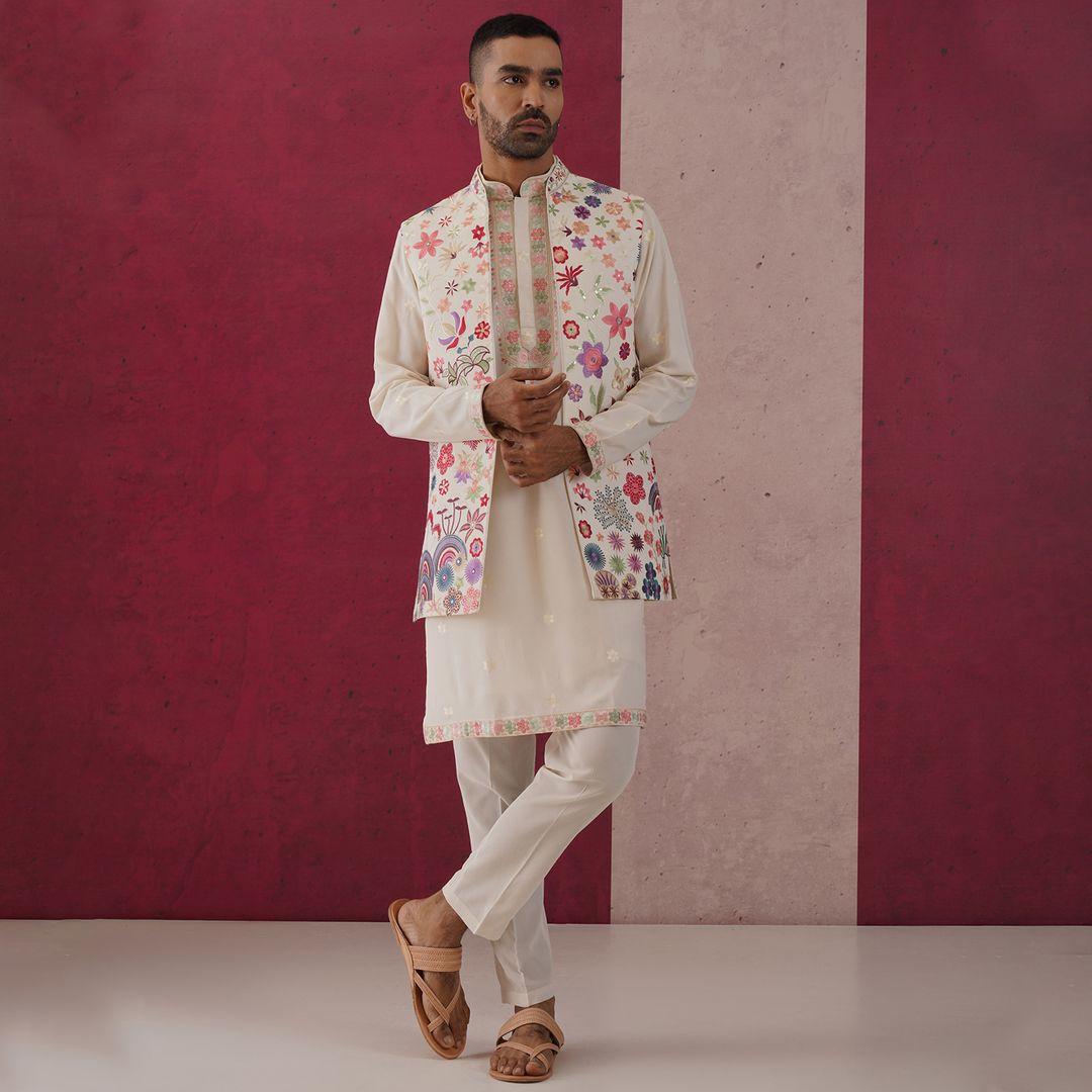 white kurta pajama with jacket for wedding
