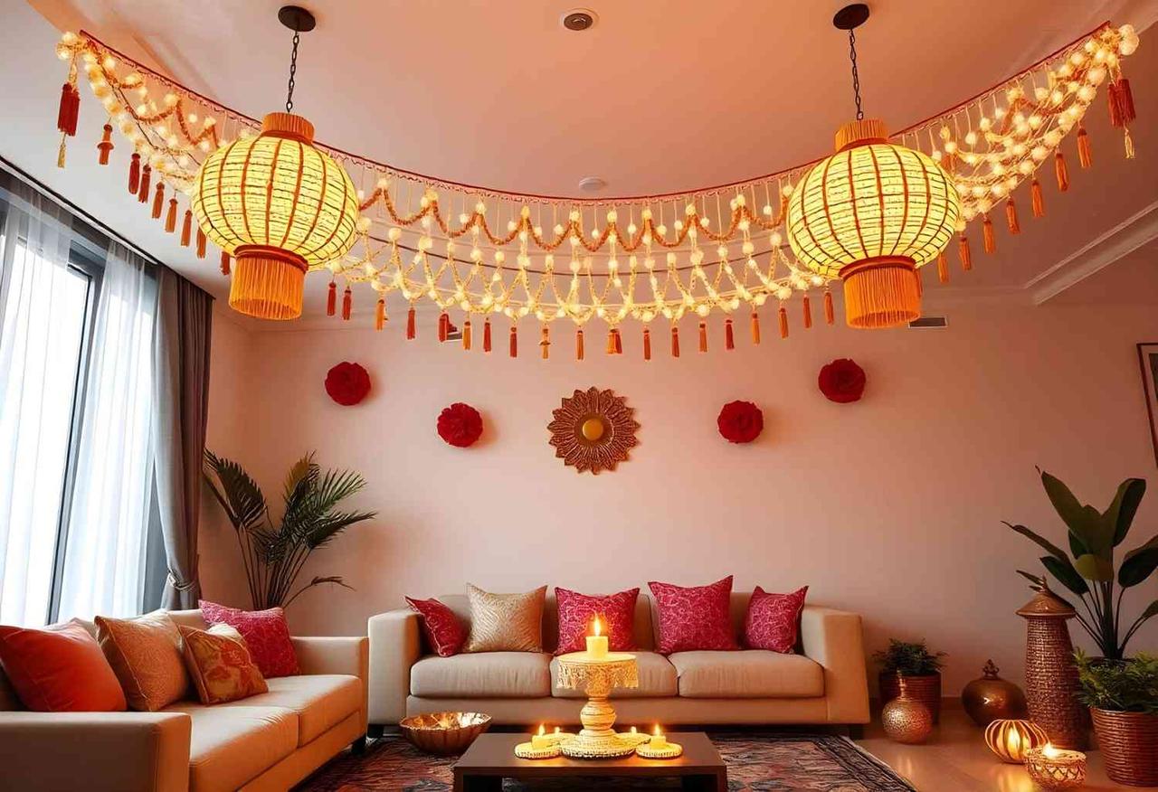 Roof Light Decoration in Living Room for Diwali Ideas