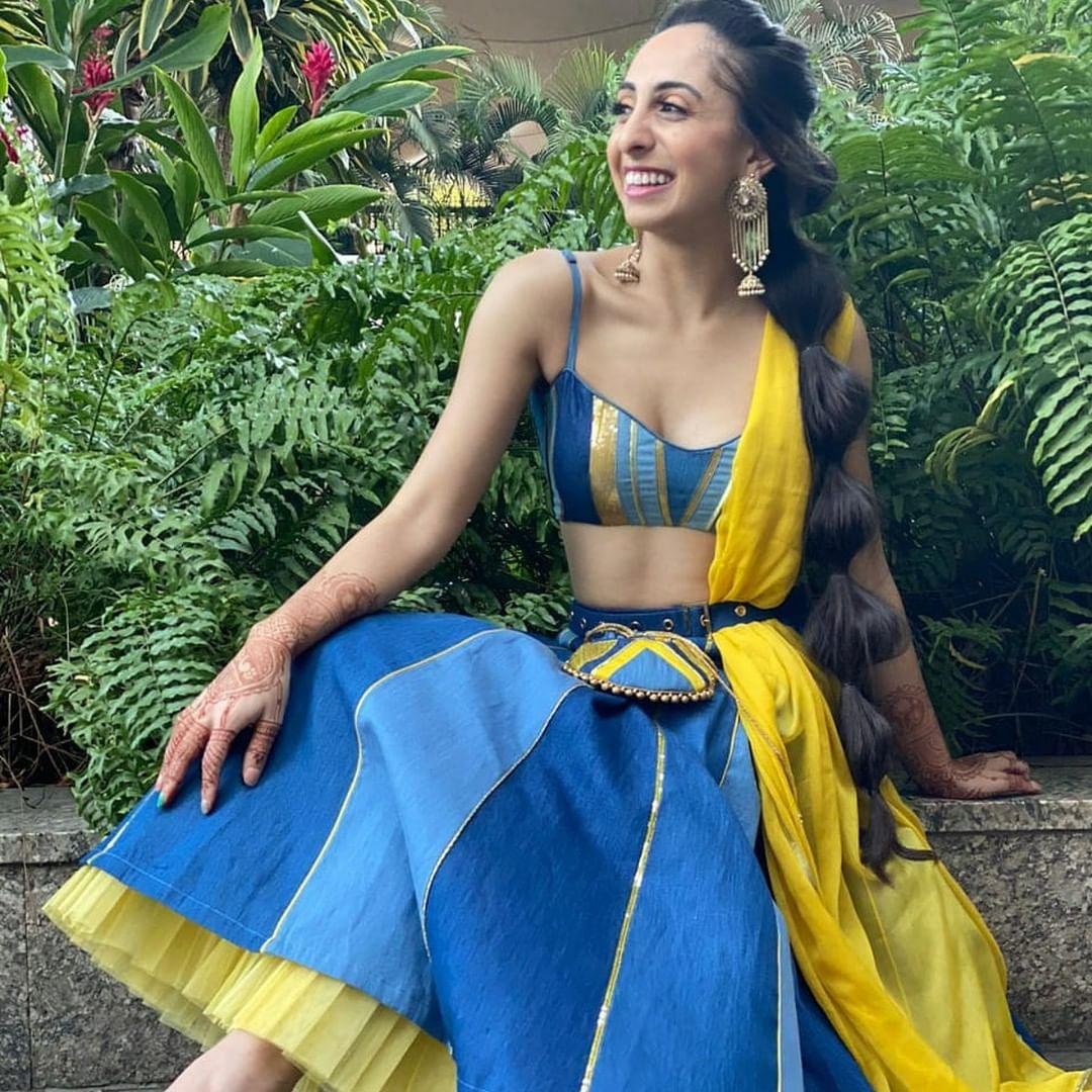 Roopkala - Denim Jacket + Traditional multi-hued lehenga set = Baller  Bride. If bold chic is your vibe, then you've met your match with this  colour-blocked lehenga set styled beautifully by @aditigautamofficial .