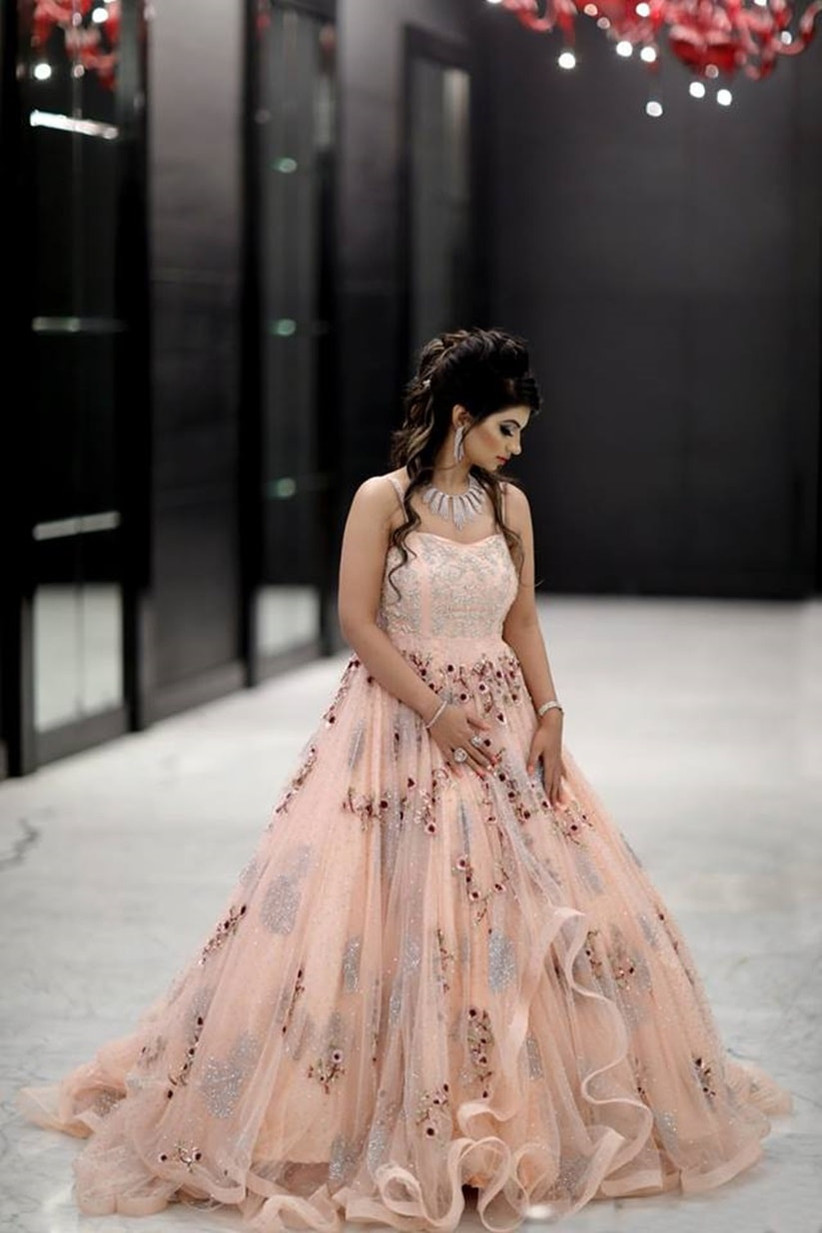 Engagement Wear For Bride Off 78 Buy Indian bridal hairstyles make us want to yawn!what with the dupatta for north indians and the flower ornaments the bride dons a lace sleeve enzoani wedding gown, with bridesmaids in long dresses of blush pink. nova betel contabilidade
