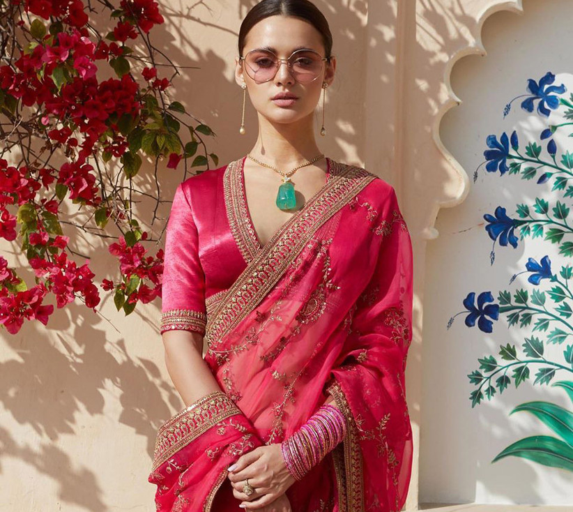 Pink colour saree jewellery top