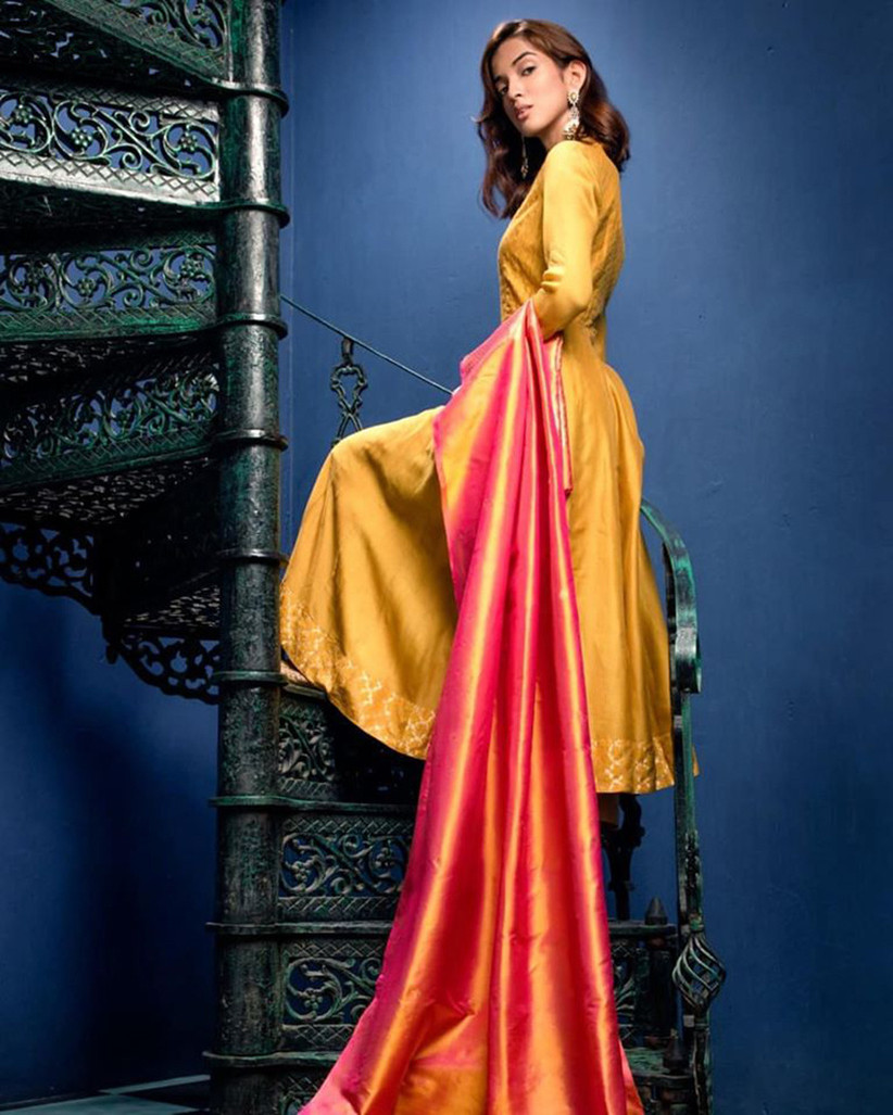 yellow dress with banarasi dupatta