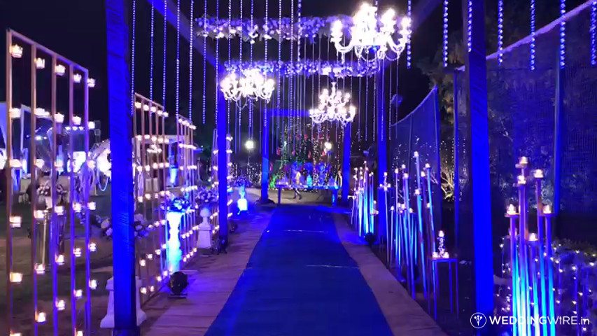 Blue passage with chandelier 