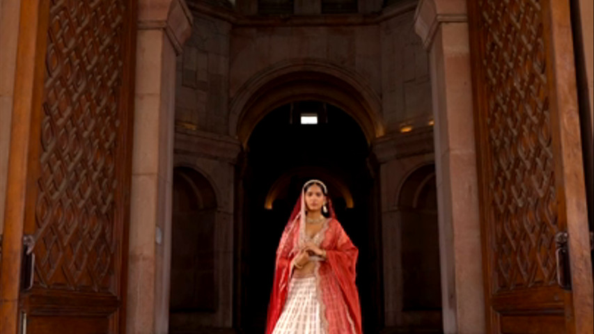 IVORY TAFFETA BRIDAL LEHENGA CHOLI SET WITH RED DUPATTA