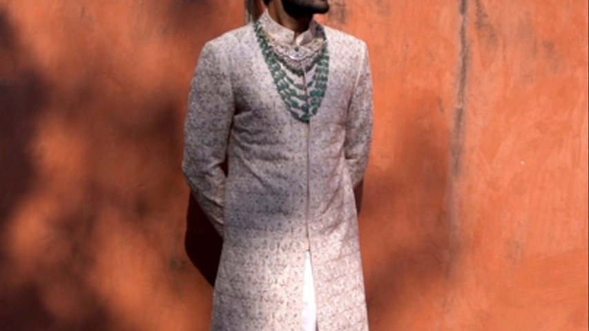 NUDE TAFFETA SILK EMBROIDERED SHERWANI WITH KURTA AND CHURIDAR