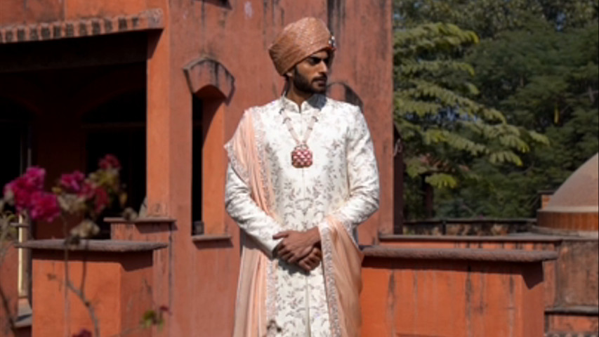 IVORY RAW SILK EMBROIDERED SHERWANI WITH MONGA TUSSAR SILK KURTA AND CHURIDAR