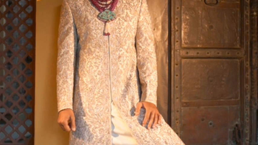 IVORY TAFFETA ACHKAN ALL OVER EMBROIDERED WITH MONGA KURTA AND CHURIDAR