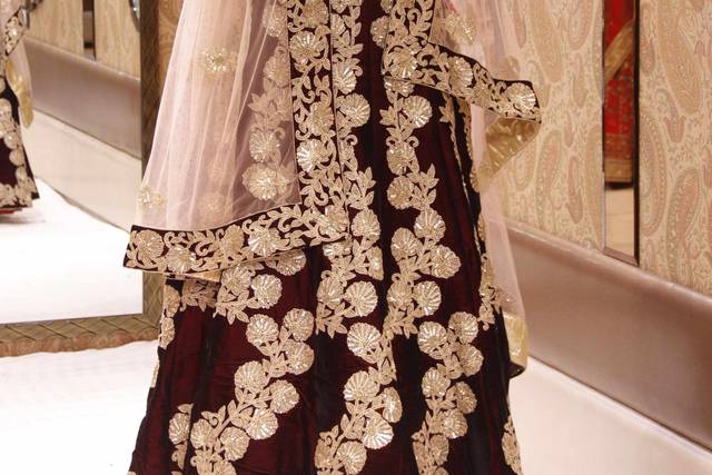 Pure Micro Velvet Wedding Lehenga In Wine Color With Embroidery & Crystal  Stone Work - Sale
