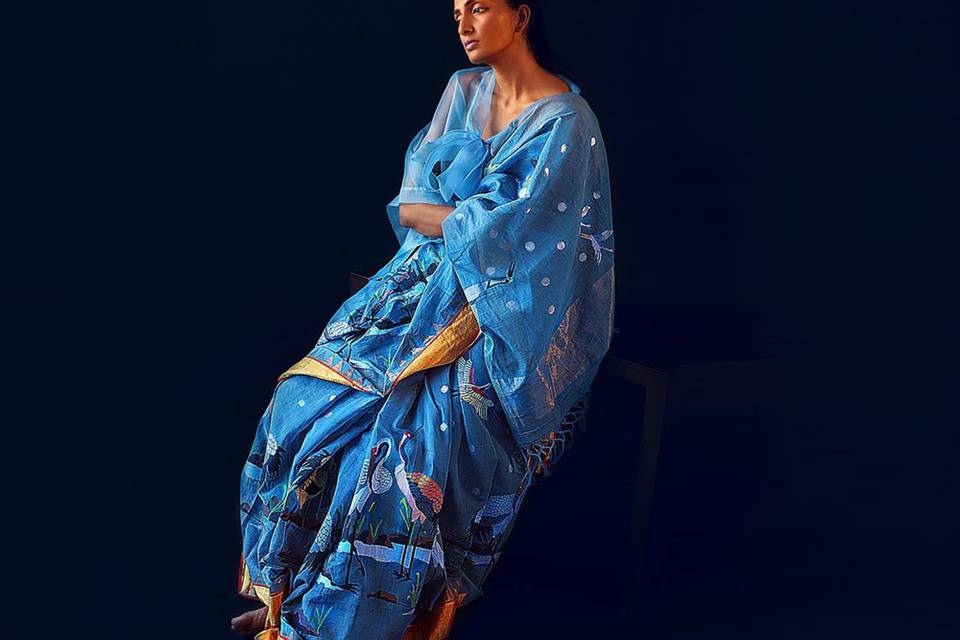 Blue khadi sari with cranes