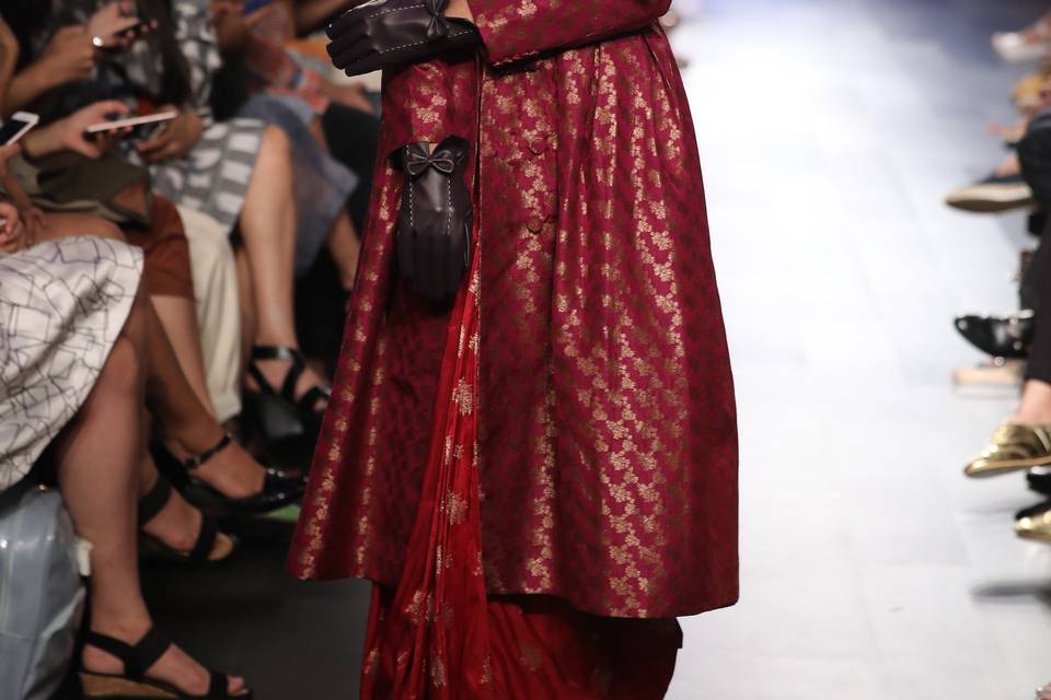 Red banarasi sari & trench