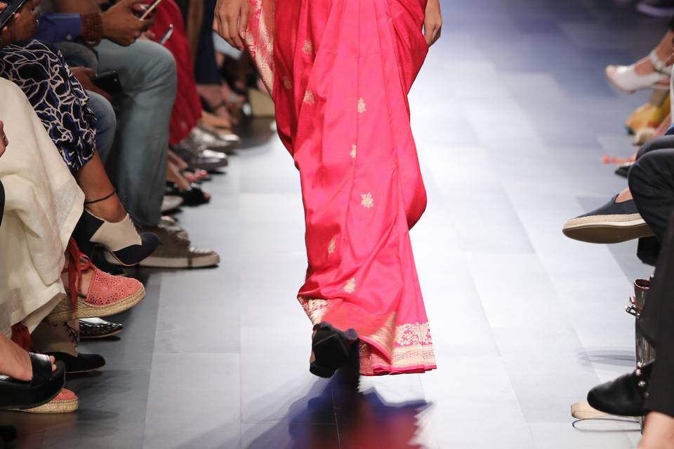 Red banarasi sari &blue jacket