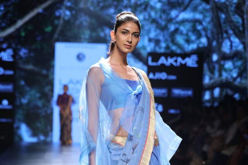 Lfw blue khadi sari & cranes