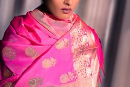 Pink silk dupatta with roses