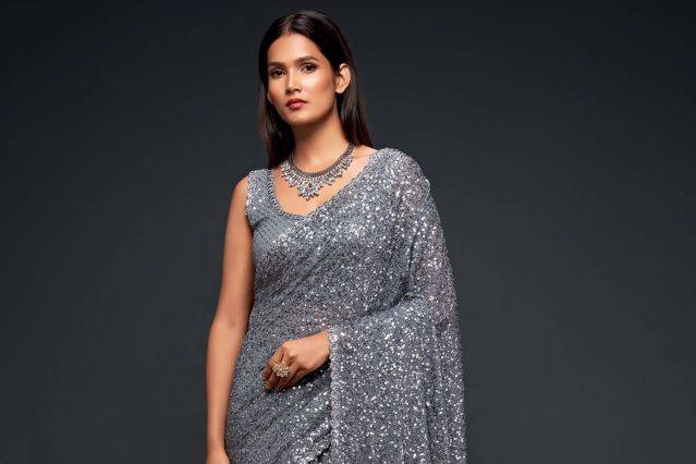 Grey Georgette Partywear Saree