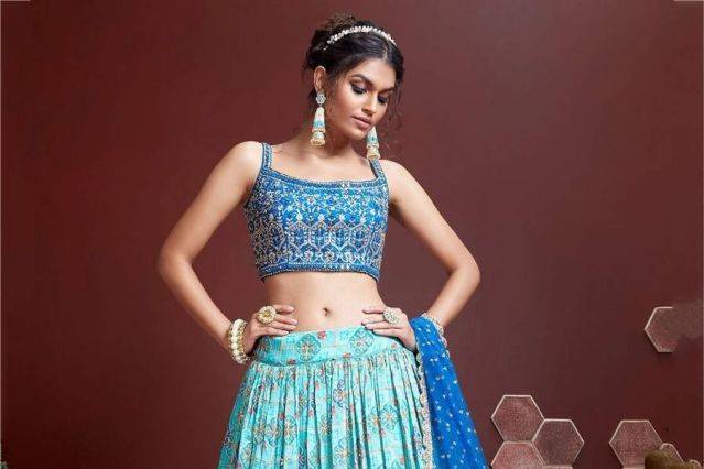 Sky Blue Chinon Lehenga