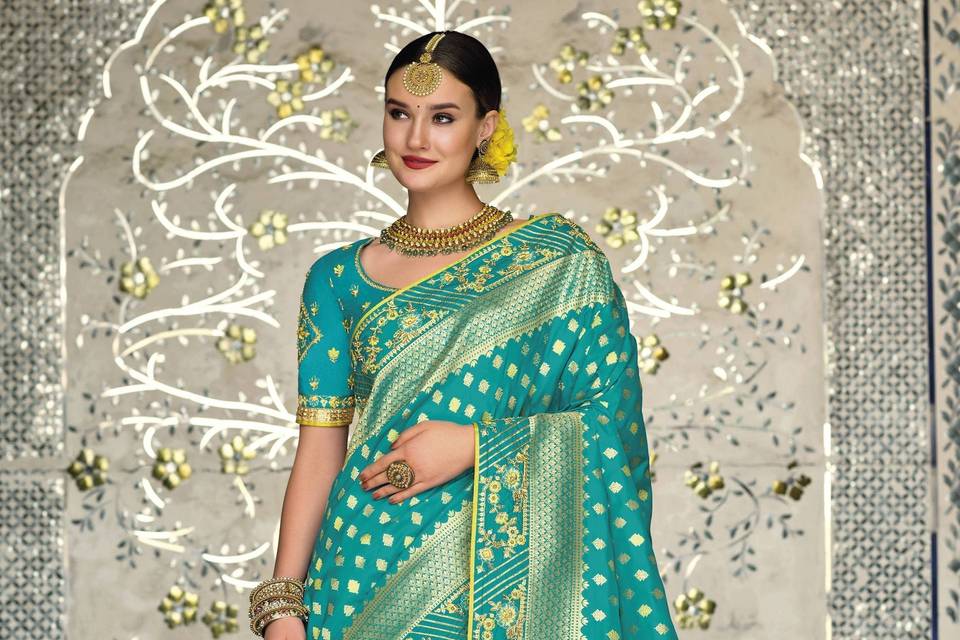 Blue & Green Embroidered Saree