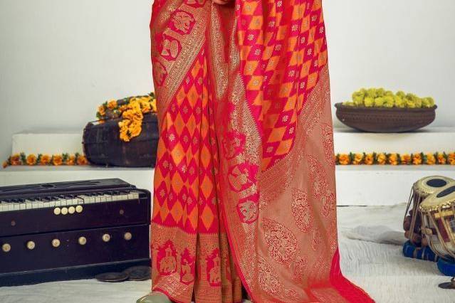 Pink And Orange Banarasi Saree