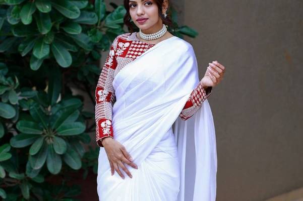 White Satin Silk Plain Saree