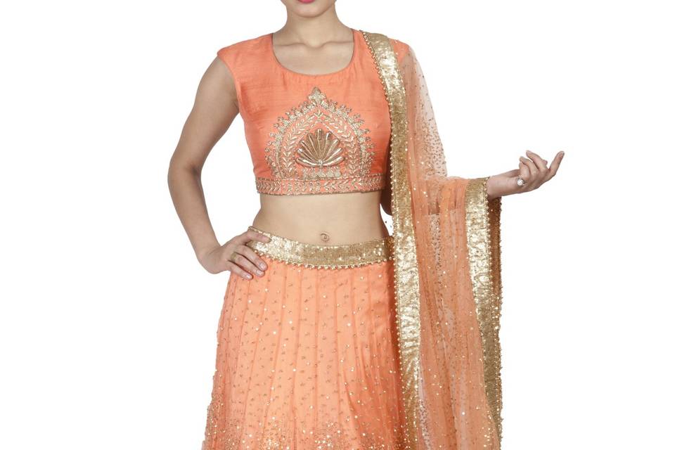 Grey And Coral Lehenga